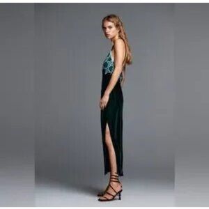 Zara Velvet Crochet Embroidered Dress SZ S Green/Blue